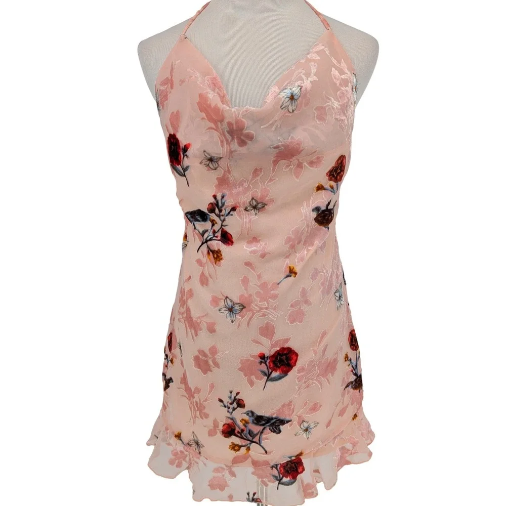 Beginning Boutique Floral Burnt Out Velvet Mini Dress 6 Pink Coquette Fairycore‎